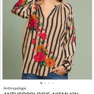Anthropologie Striped Floral Women's Top - Black and Tan